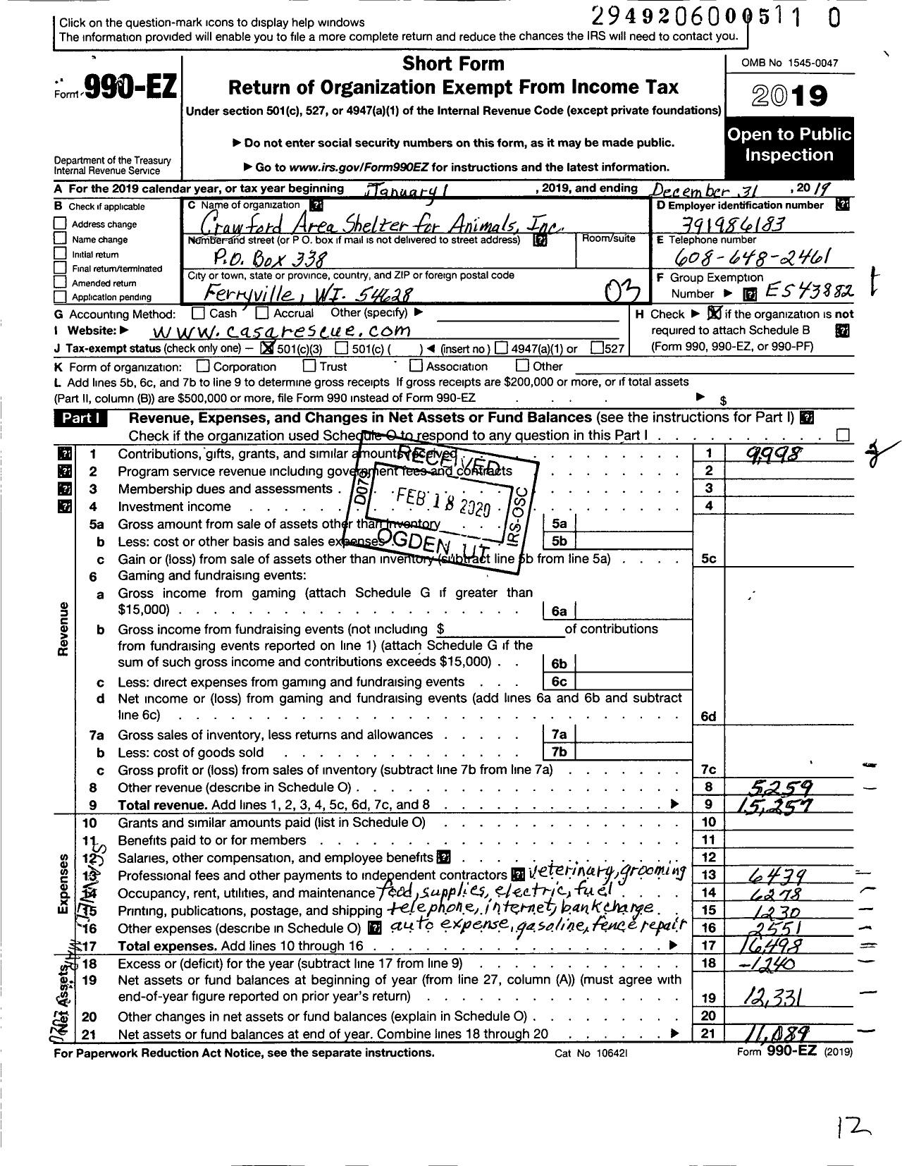 Image of first page of 2019 Form 990EZ for Crawford Area Shelter for Animals