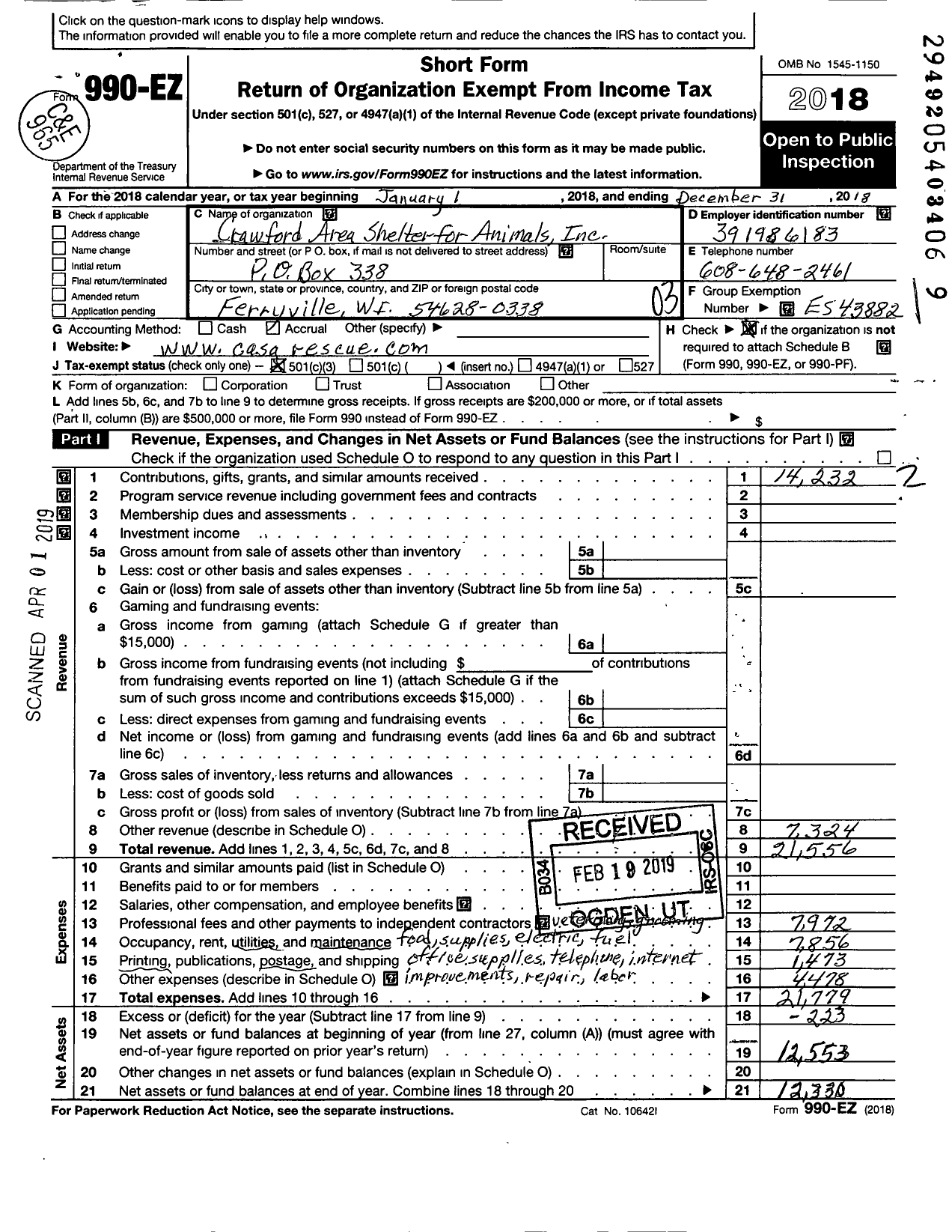 Image of first page of 2018 Form 990EZ for Crawford Area Shelter for Animals