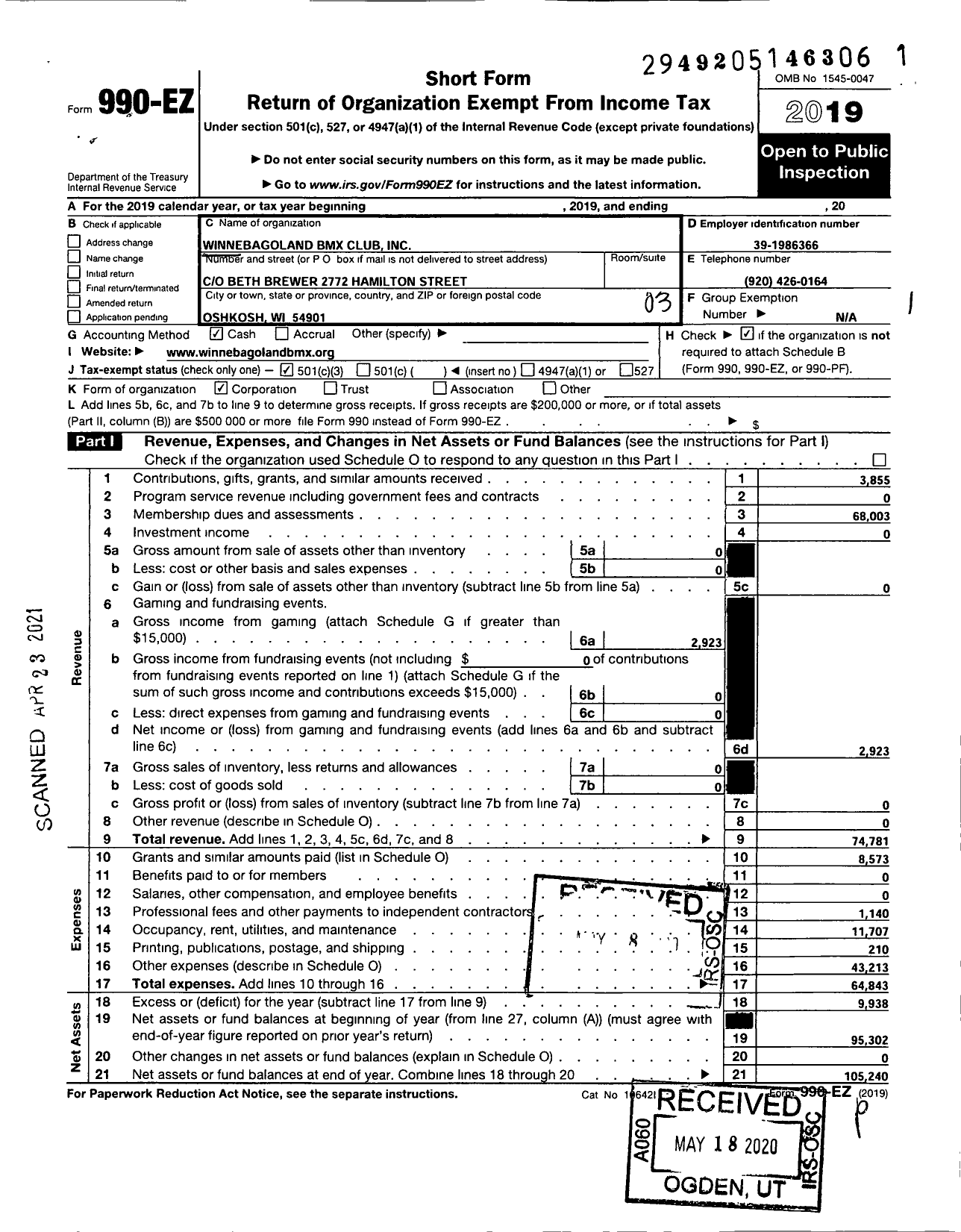 Image of first page of 2019 Form 990EZ for Winnebagoland BMX Club