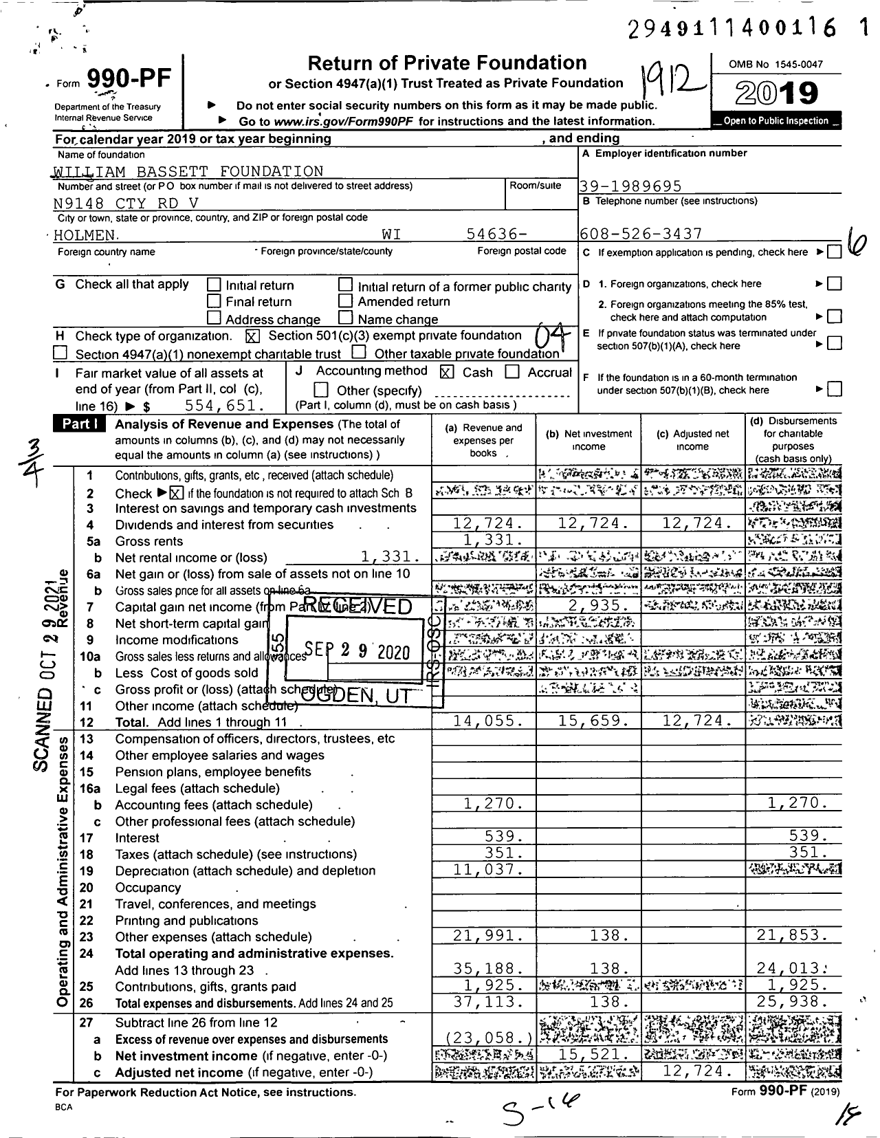 Image of first page of 2019 Form 990PF for William Bassett Foundation