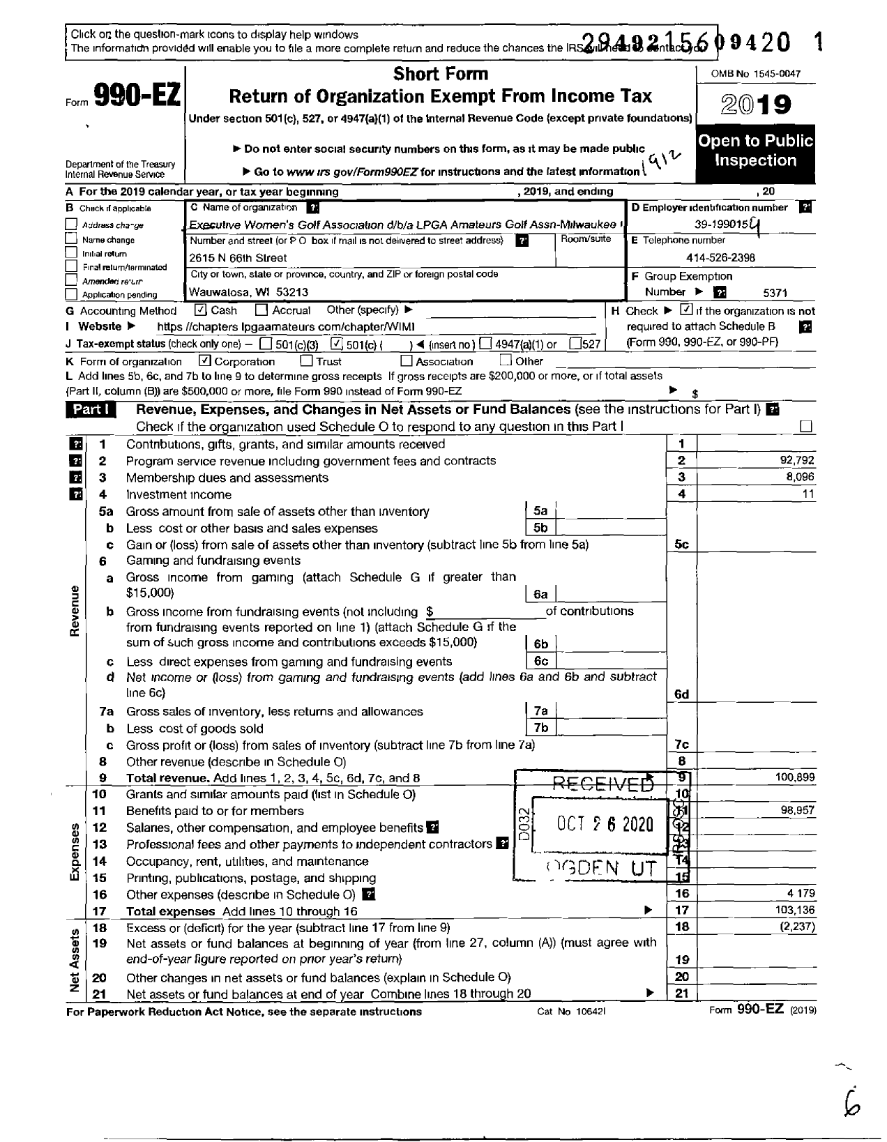 Image of first page of 2019 Form 990EO for EXECUTIVE WOMENS Golf ASSOCIATION / Lpga Amateurs Golf Milwaukee