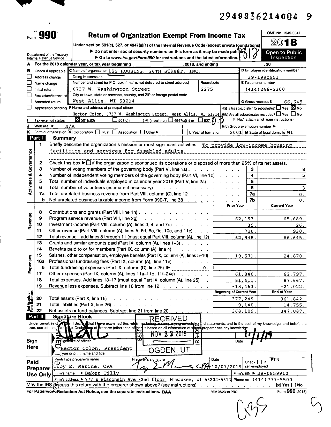 Image of first page of 2018 Form 990 for LSS Housing 26th Street