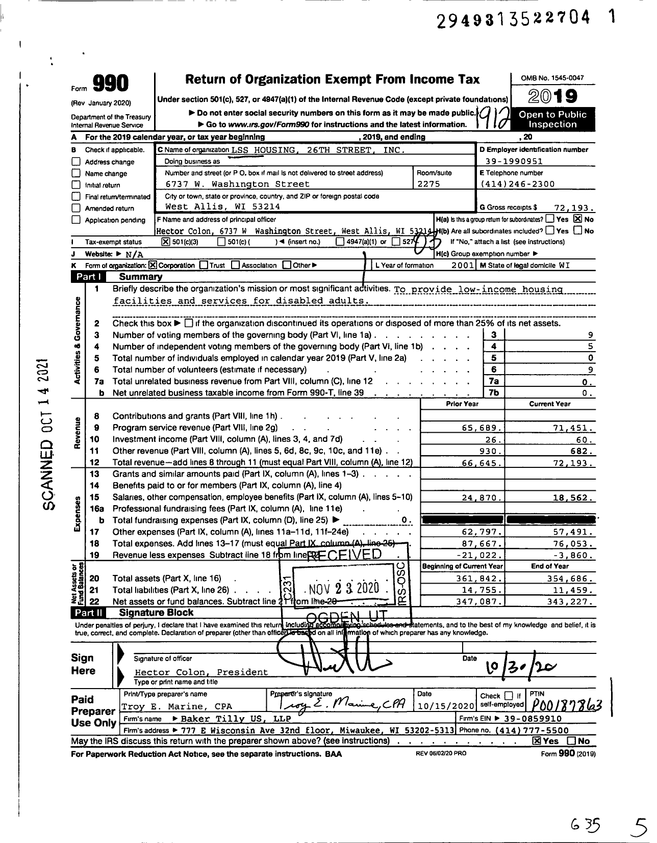 Image of first page of 2019 Form 990 for LSS Housing 26th Street