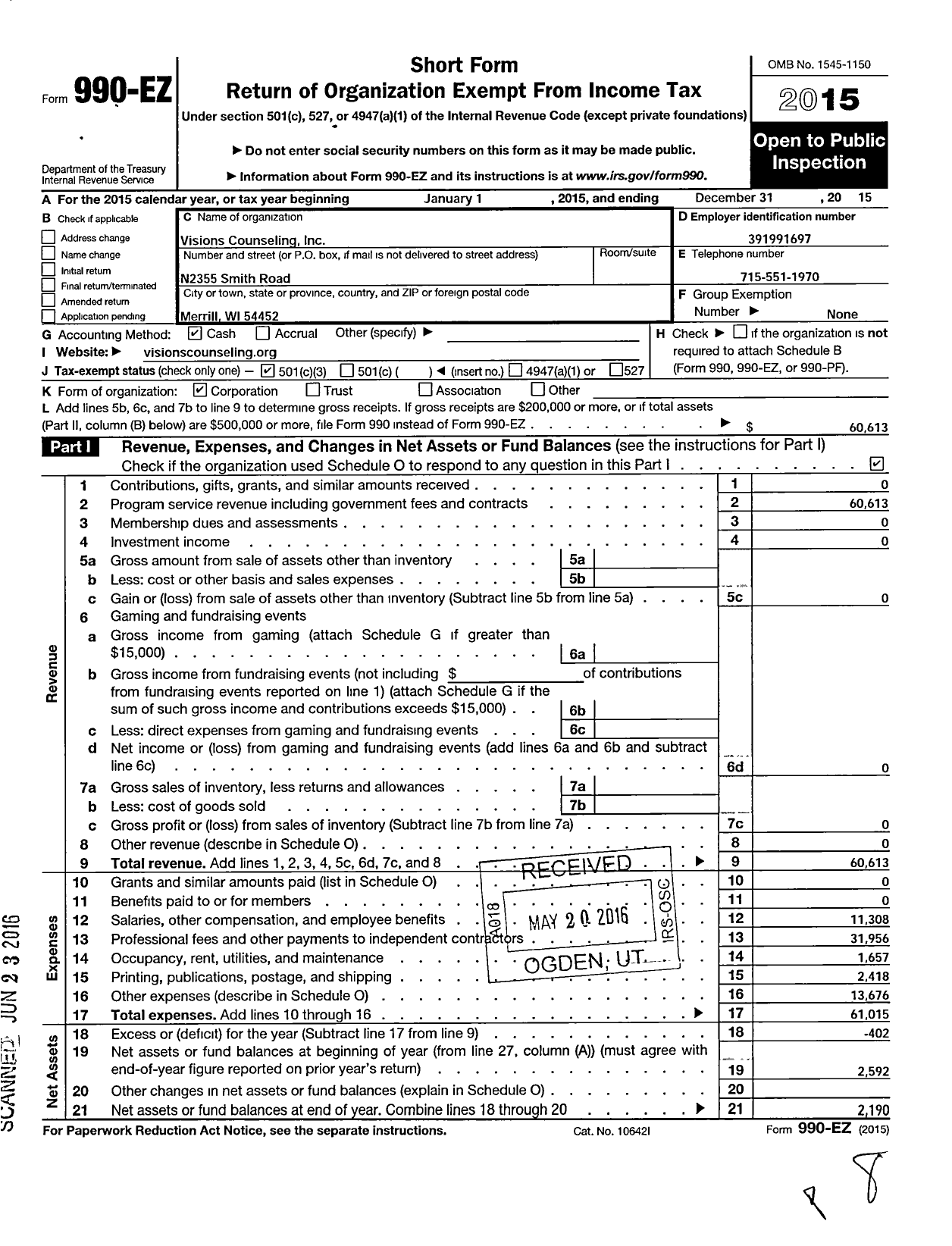 Image of first page of 2015 Form 990EZ for Visions Counseling