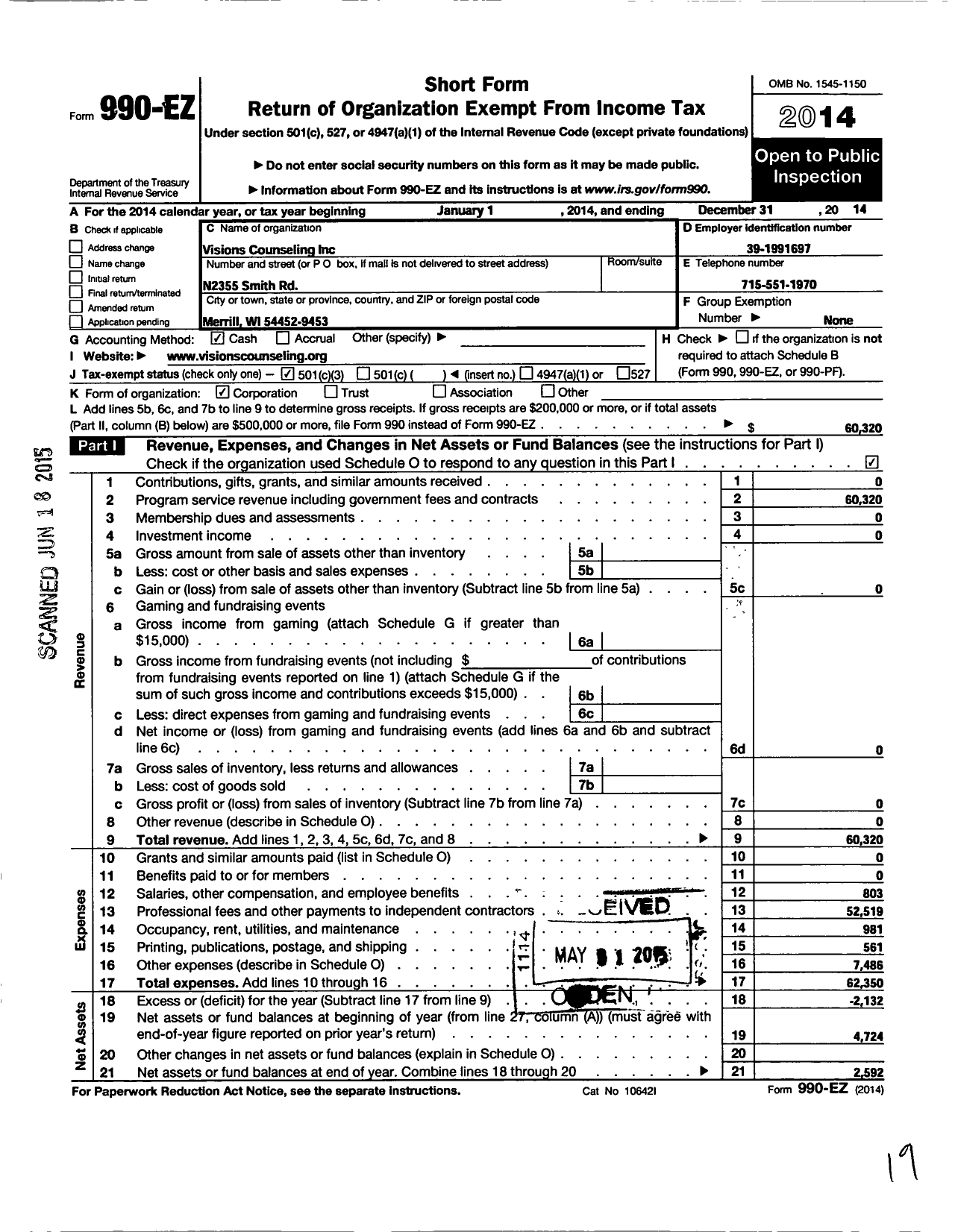 Image of first page of 2014 Form 990EZ for Visions Counseling