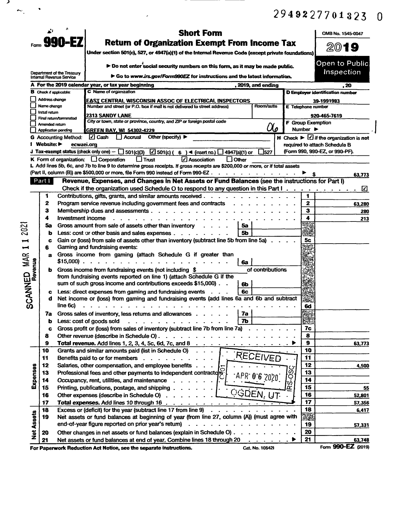 Image of first page of 2019 Form 990EO for East Central Wisconsin Association of Electrical Inspectors