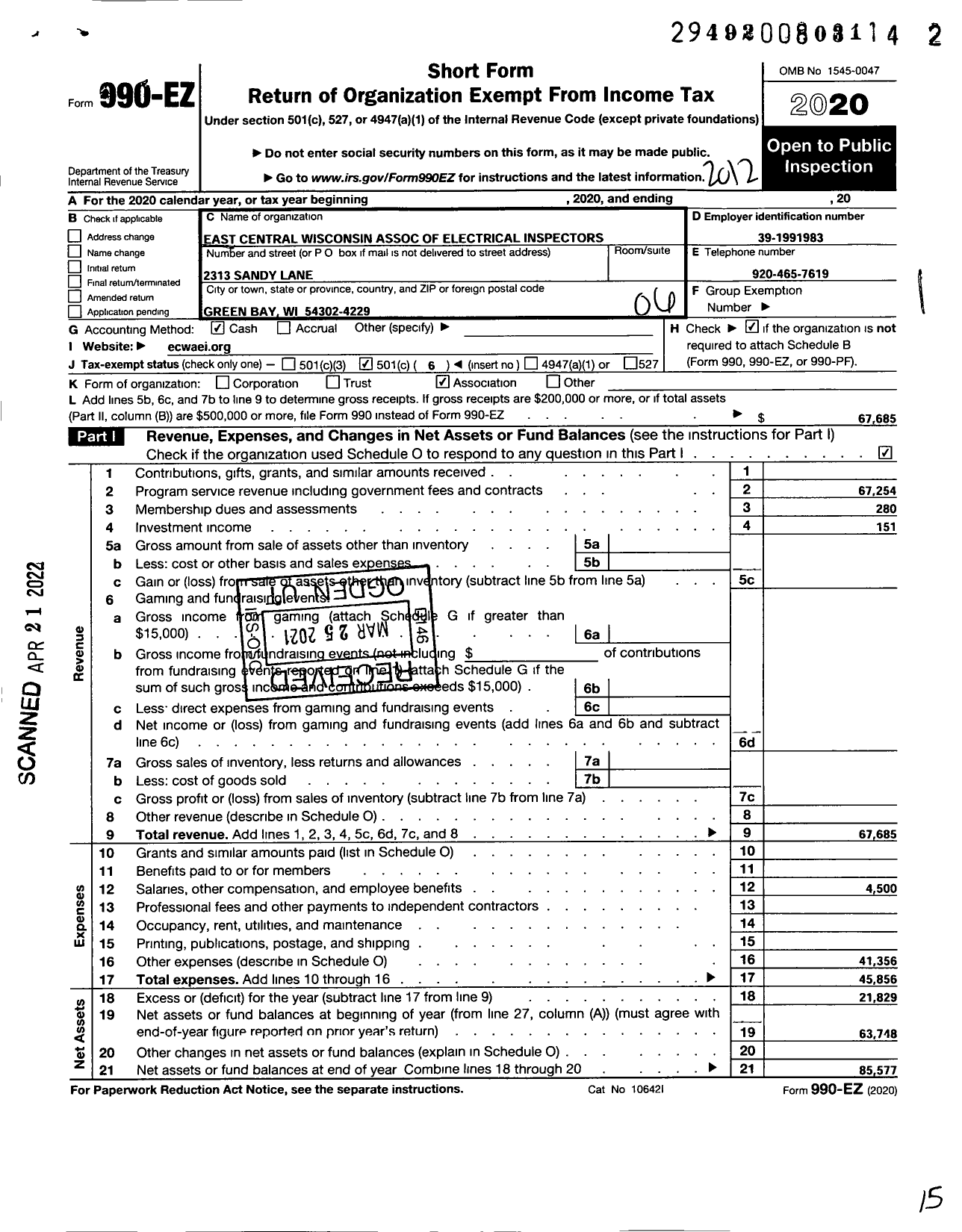 Image of first page of 2020 Form 990EO for East Central Wisconsin Association of Electrical Inspectors