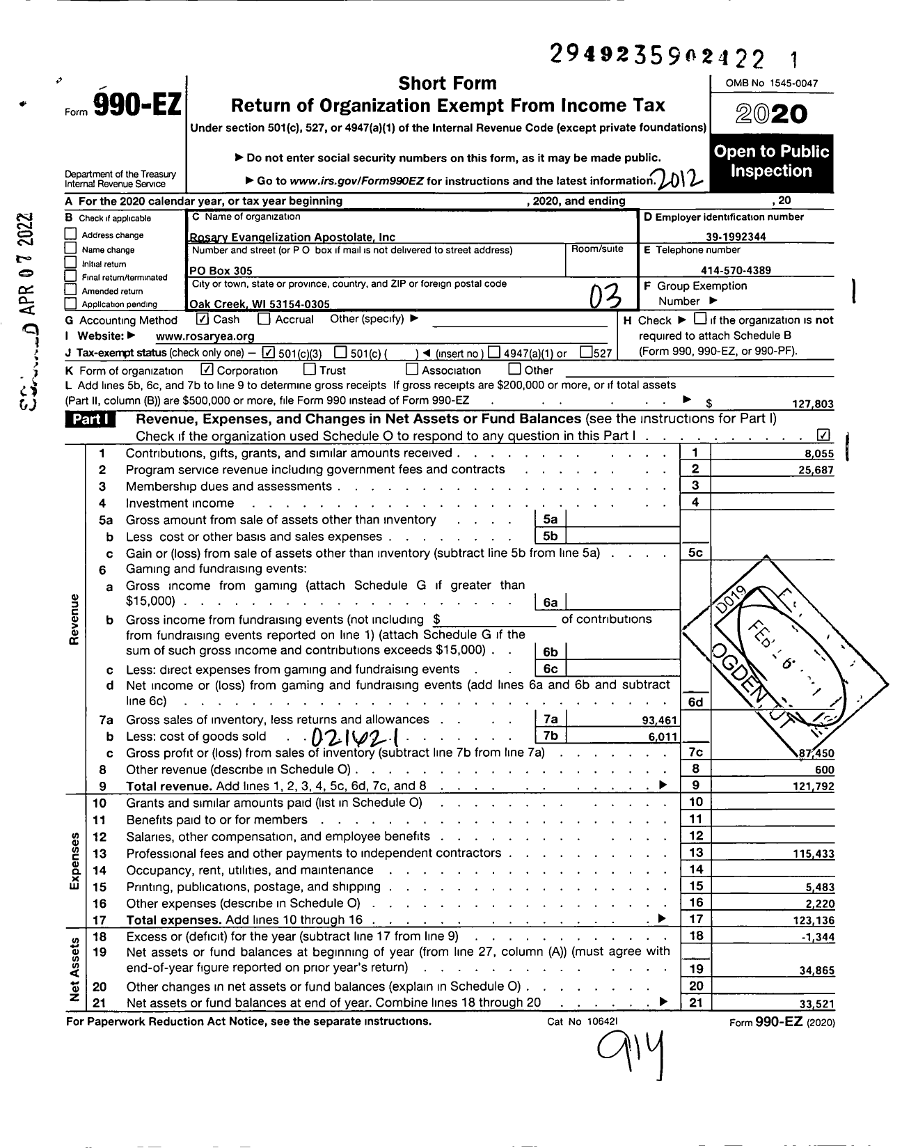 Image of first page of 2020 Form 990EZ for Rosary Evangelization Apostolate