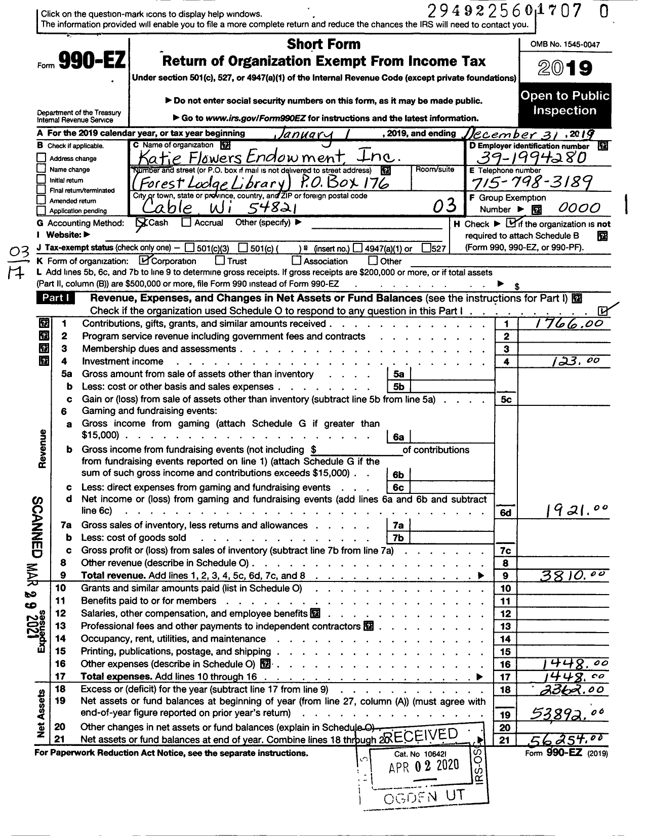 Image of first page of 2019 Form 990EZ for Katie Flowers Endowment