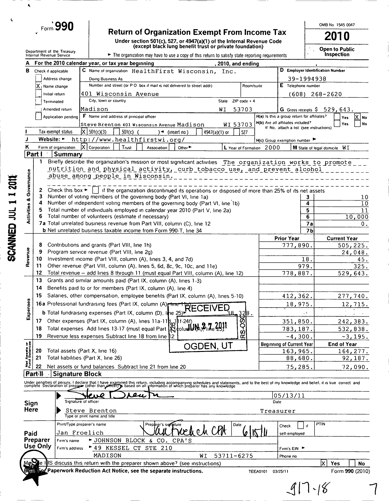 Image of first page of 2010 Form 990 for Healthfirst Wisconsin