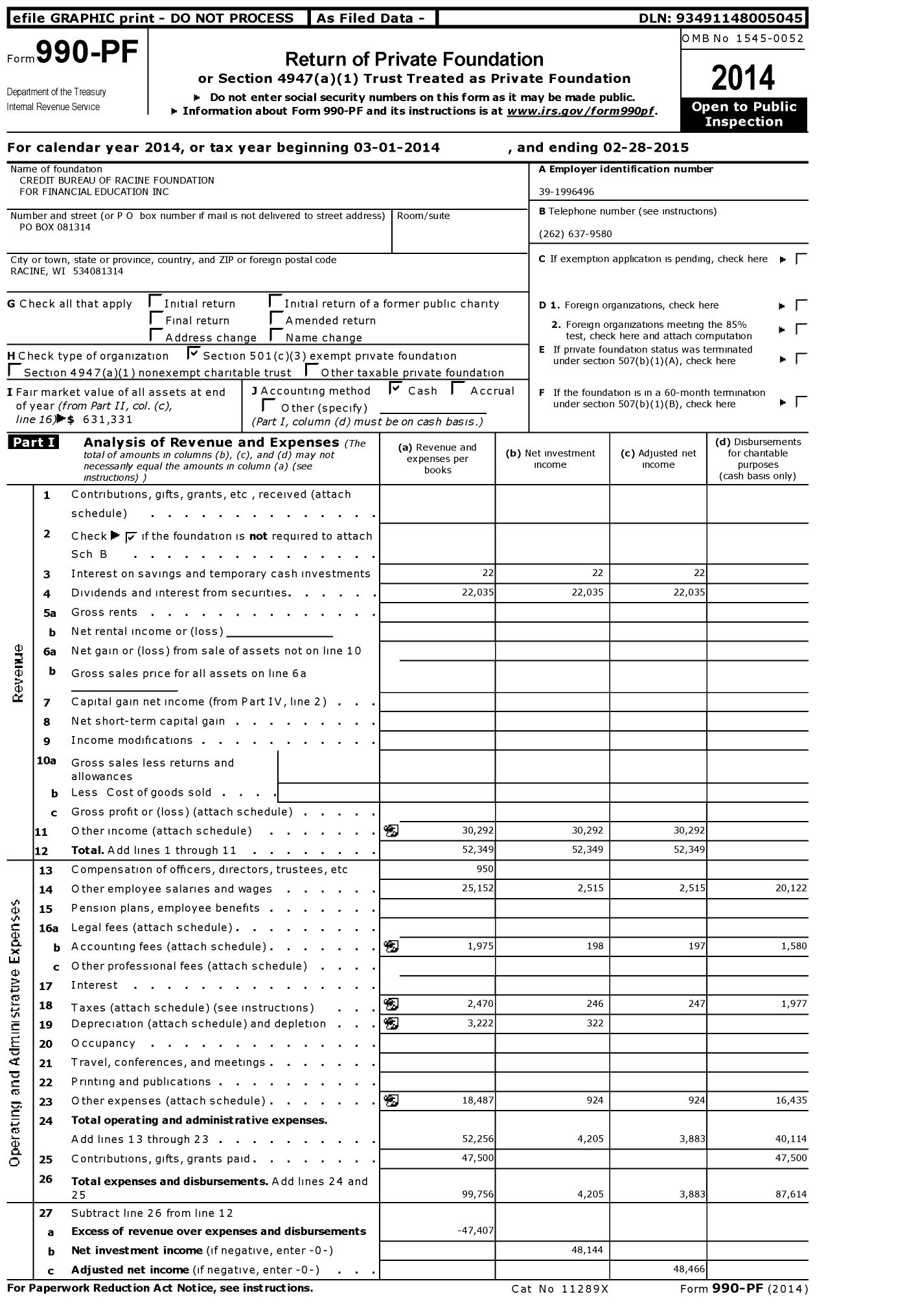 Image of first page of 2014 Form 990PF for Credit Bureau of Racine Foundation for Financial Education