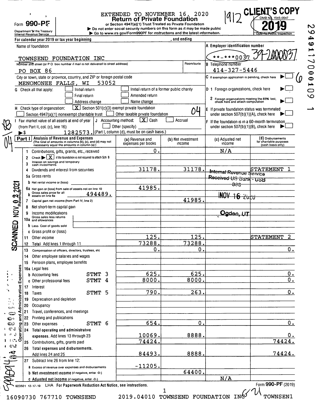 Image of first page of 2019 Form 990PF for Townsend Foundation