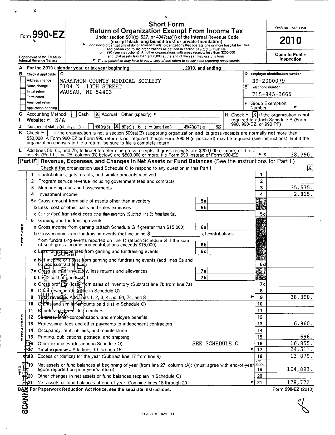 Image of first page of 2010 Form 990EO for Marathon County Medical Society