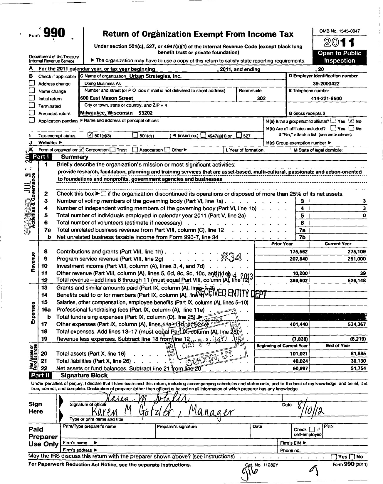 Image of first page of 2011 Form 990 for Urban Strategies