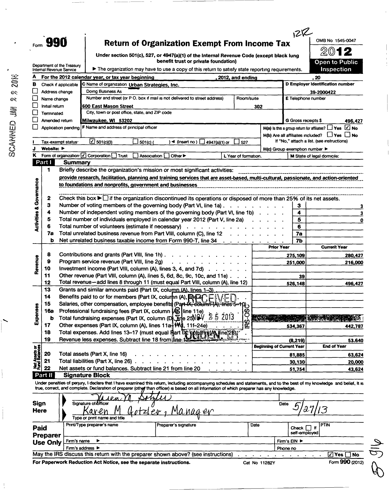 Image of first page of 2012 Form 990 for Urban Strategies