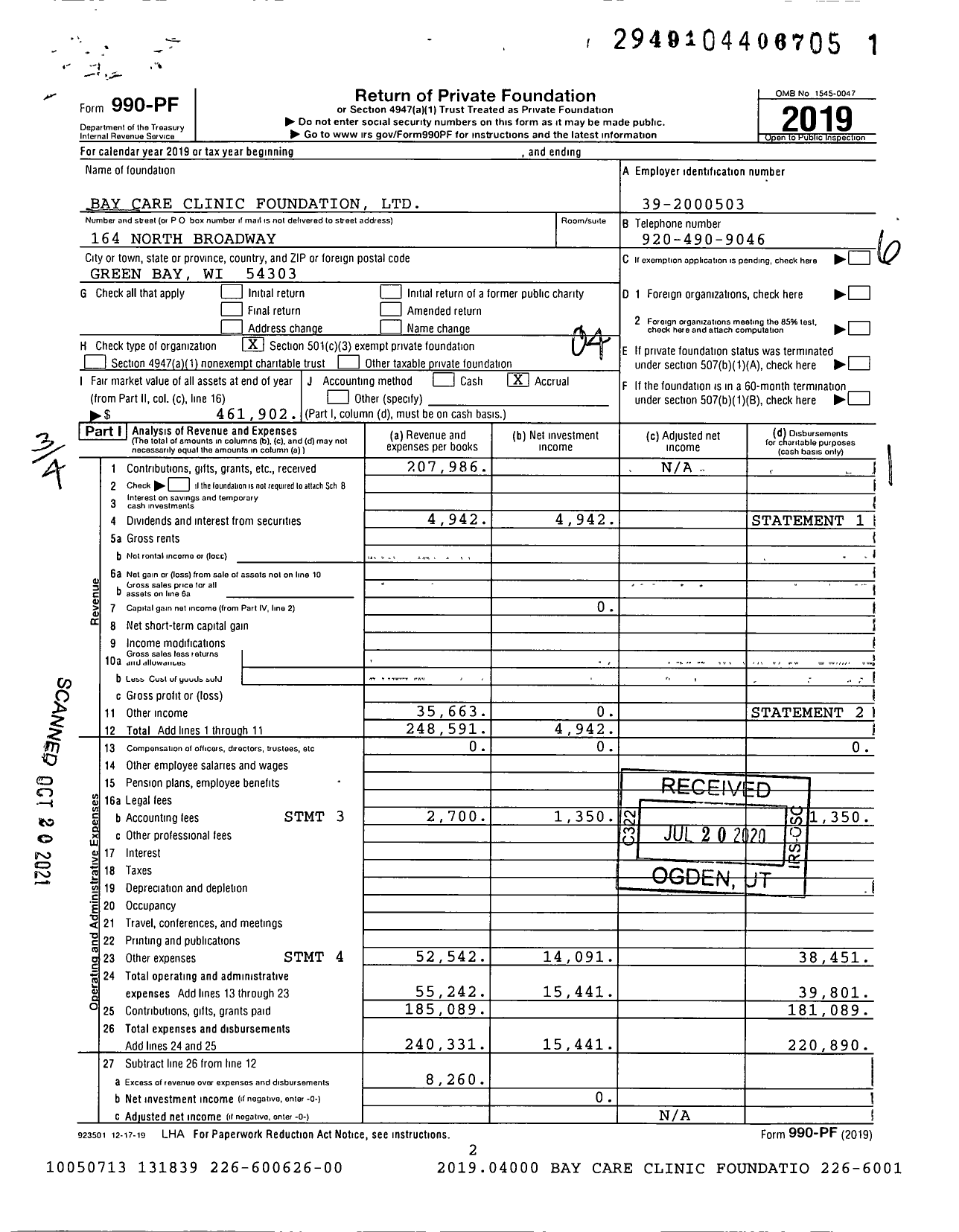 Image of first page of 2019 Form 990PF for Baycare Care Clinic Foundation