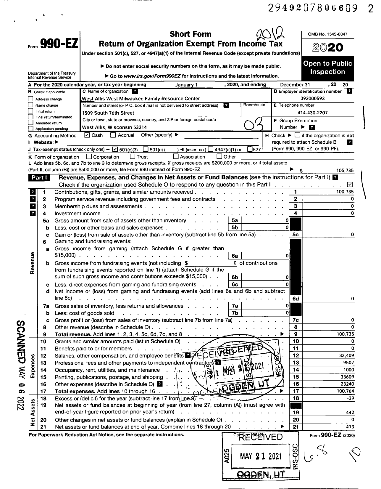 Image of first page of 2020 Form 990EZ for West Allis West Milwaukee Family Resource Center