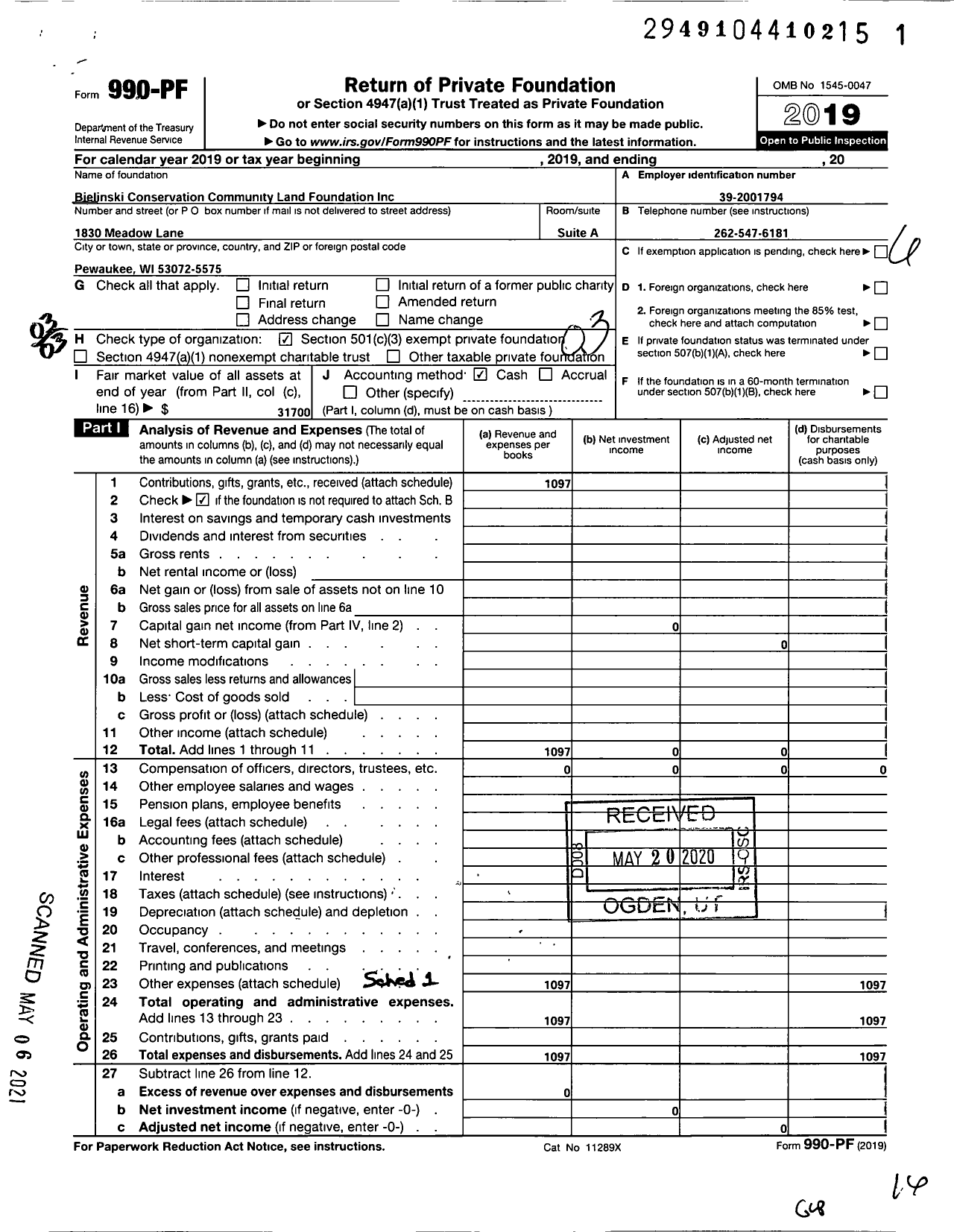 Image of first page of 2019 Form 990PF for Bielinski Conservation Community Land Foundation