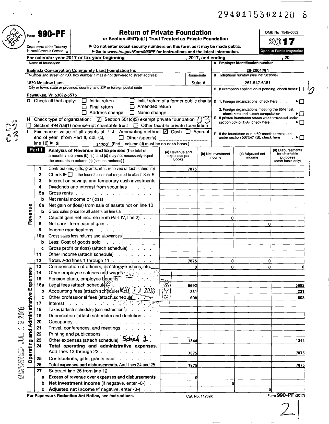 Image of first page of 2017 Form 990PF for Bielinski Conservation Community Land Foundation