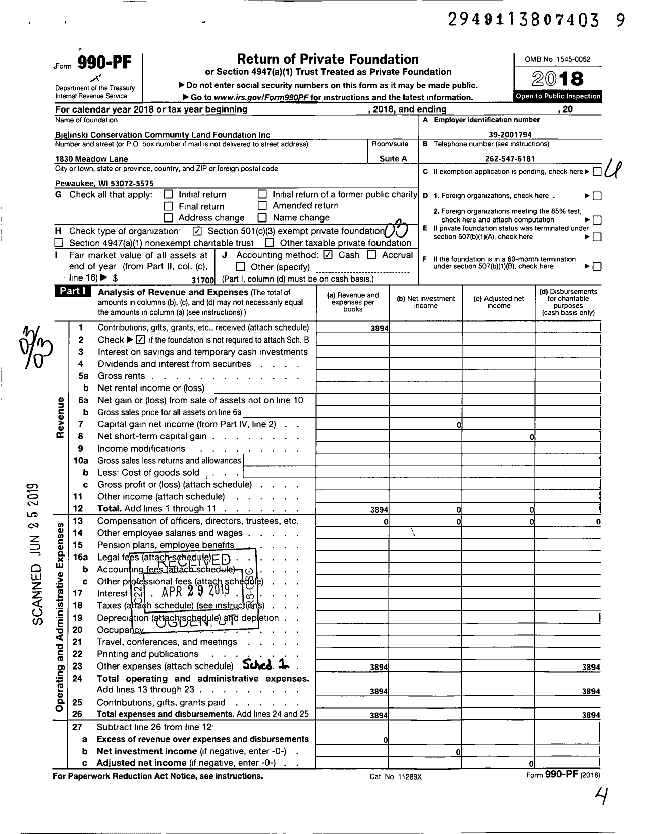 Image of first page of 2018 Form 990PF for Bielinski Conservation Community Land Foundation