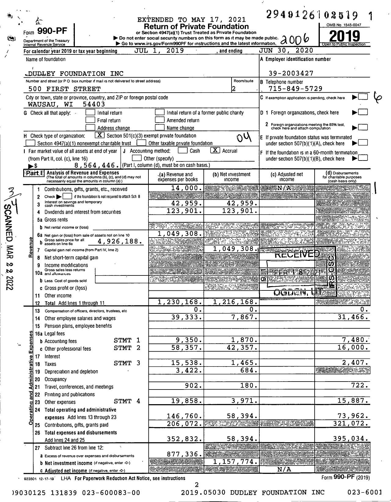 Image of first page of 2019 Form 990PF for Dudley Foundation