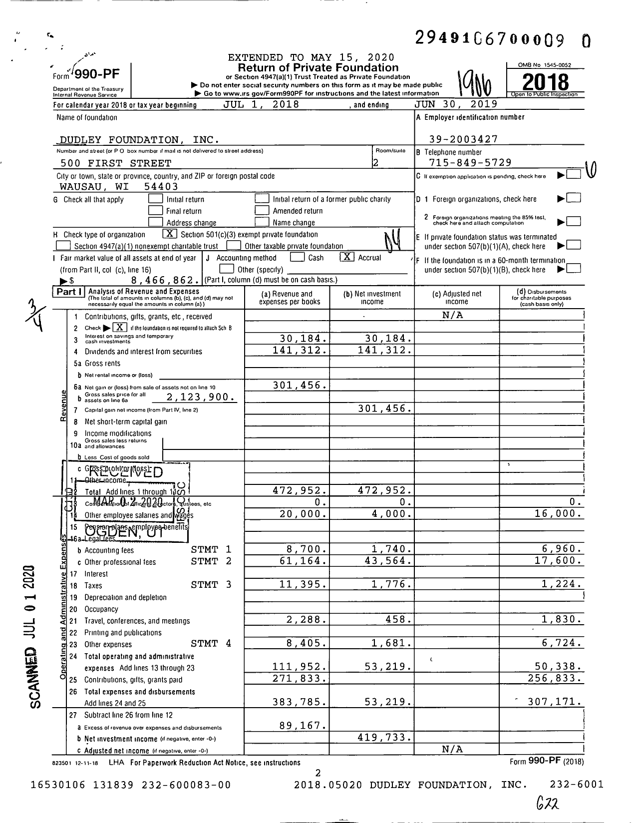 Image of first page of 2018 Form 990PR for Dudley Foundation