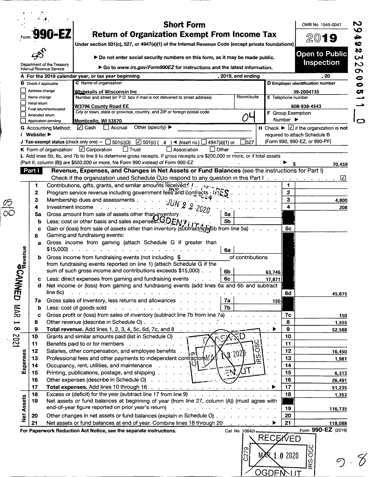 Image of first page of 2019 Form 990EO for Whitetails of Wisconsin