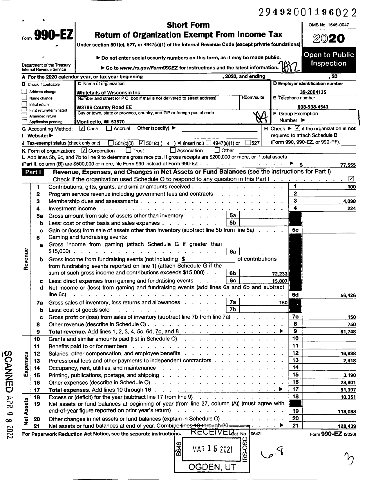 Image of first page of 2020 Form 990EO for Whitetails of Wisconsin