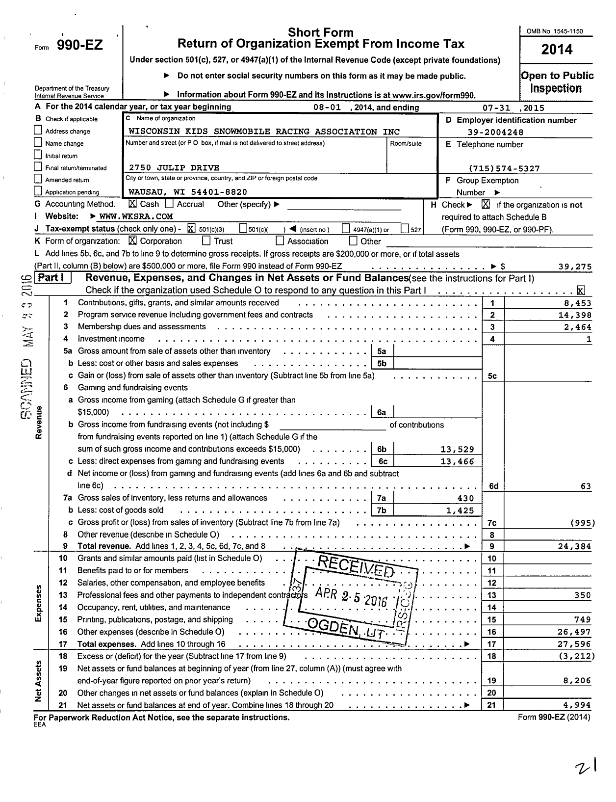 Image of first page of 2014 Form 990EZ for Wisconsin Kids Snowmobile Racing Association