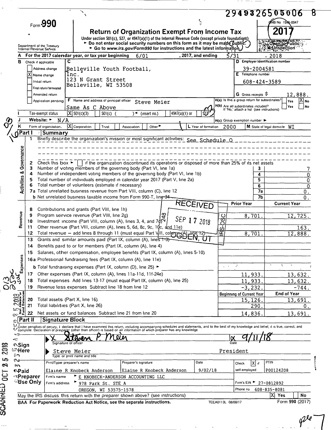 Image of first page of 2017 Form 990 for Belleville Youth Football Program