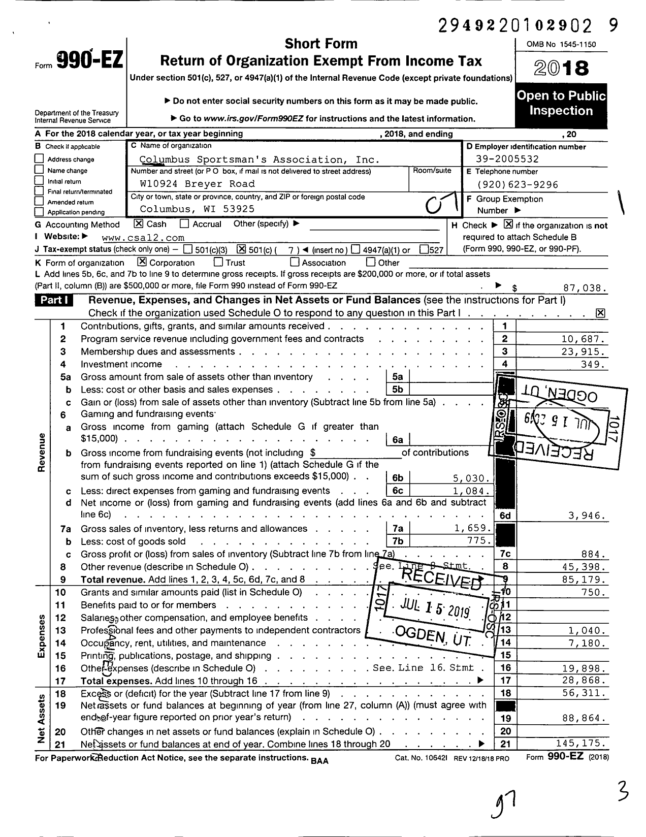 Image of first page of 2018 Form 990EO for Columbus Sportsmans Association