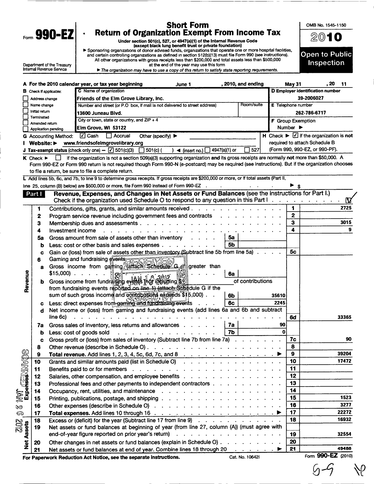 Image of first page of 2010 Form 990EZ for Friends of the Elm Grove Library