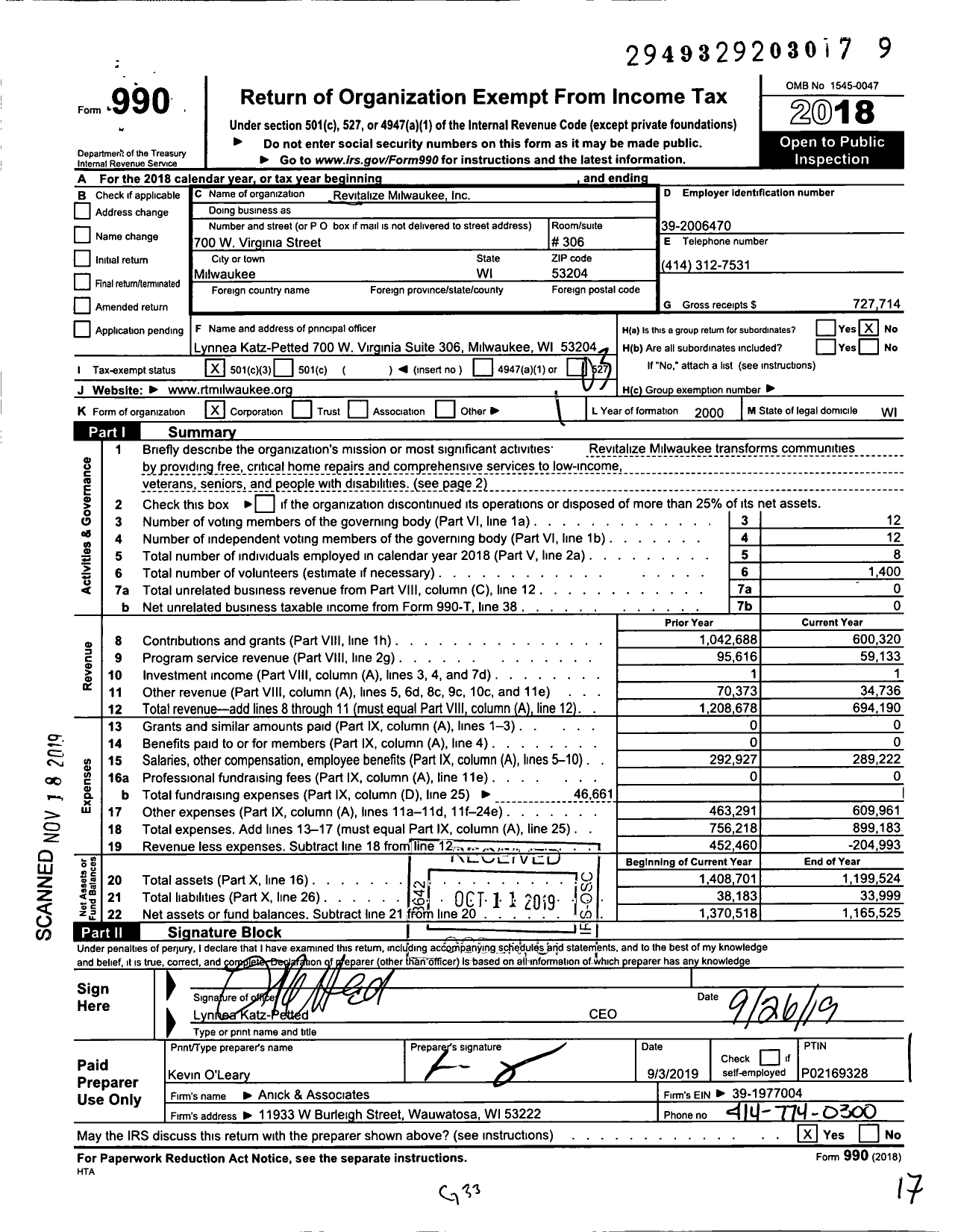 Image of first page of 2018 Form 990 for Revitalize Milwaukee