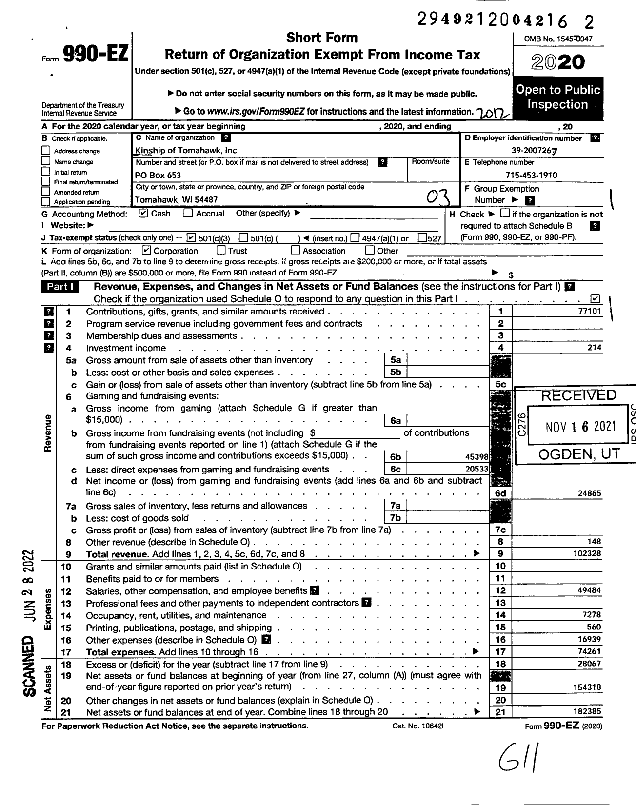 Image of first page of 2020 Form 990EZ for Kinship of Tomahawk