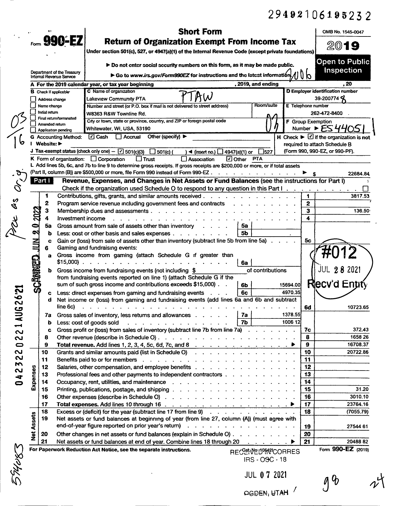 Image of first page of 2019 Form 990EZ for Lakeview Community PTA