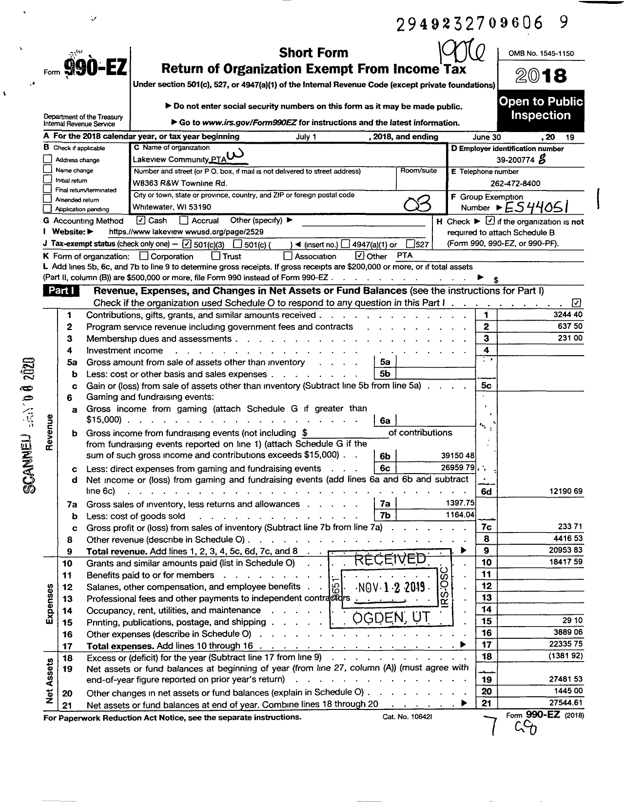 Image of first page of 2018 Form 990EZ for Lakeview Community PTA