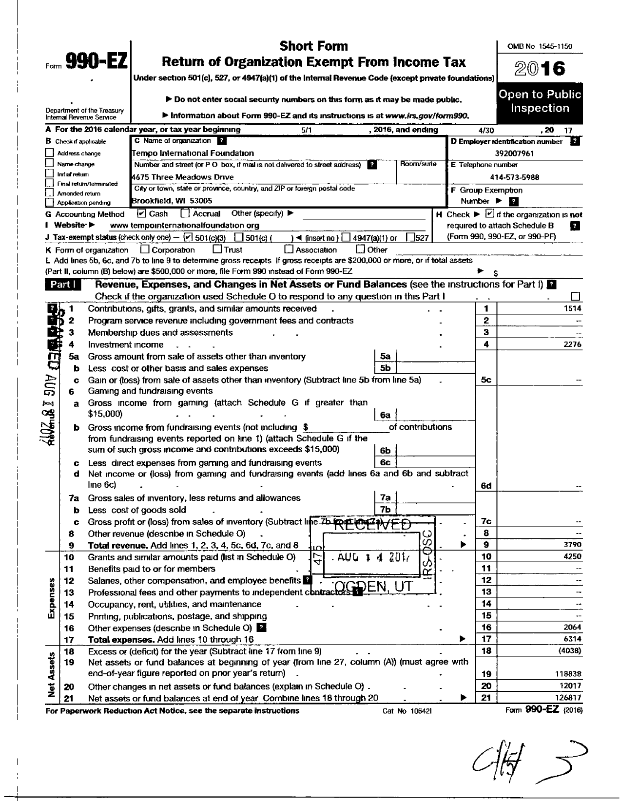 Image of first page of 2016 Form 990EZ for Tempo International Foundation