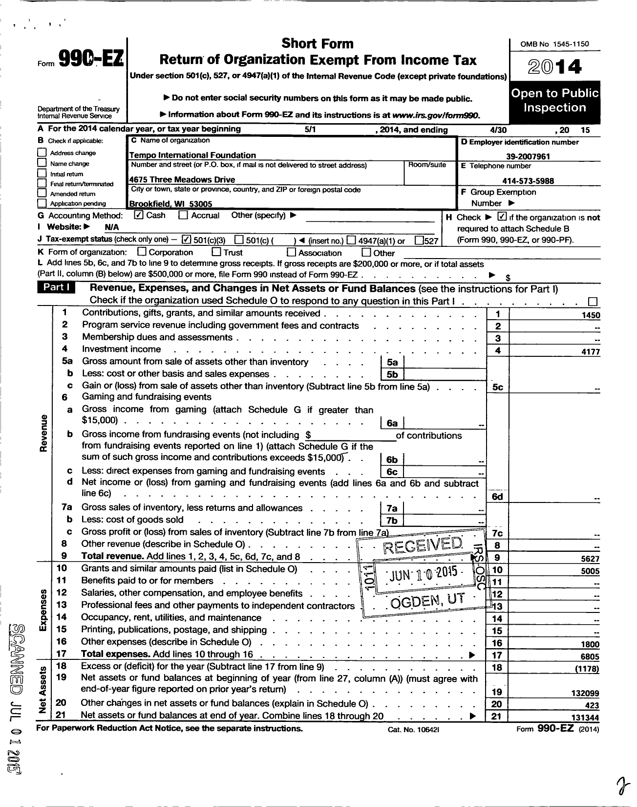 Image of first page of 2014 Form 990EZ for Tempo International Foundation