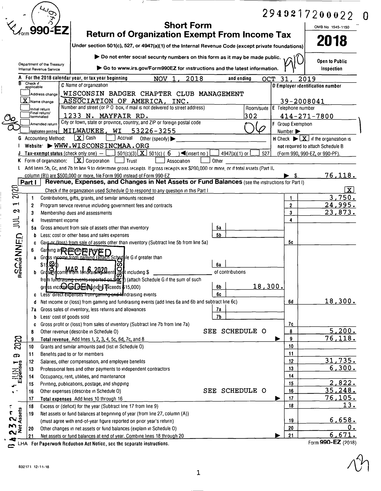 Image of first page of 2018 Form 990EO for Wisconsin Badger Chapter Club Management Association of America