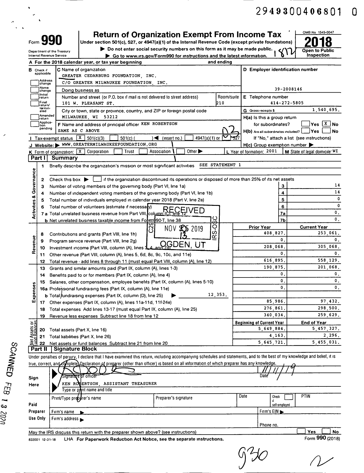 Image of first page of 2018 Form 990 for Greater Cedarburg Foundation