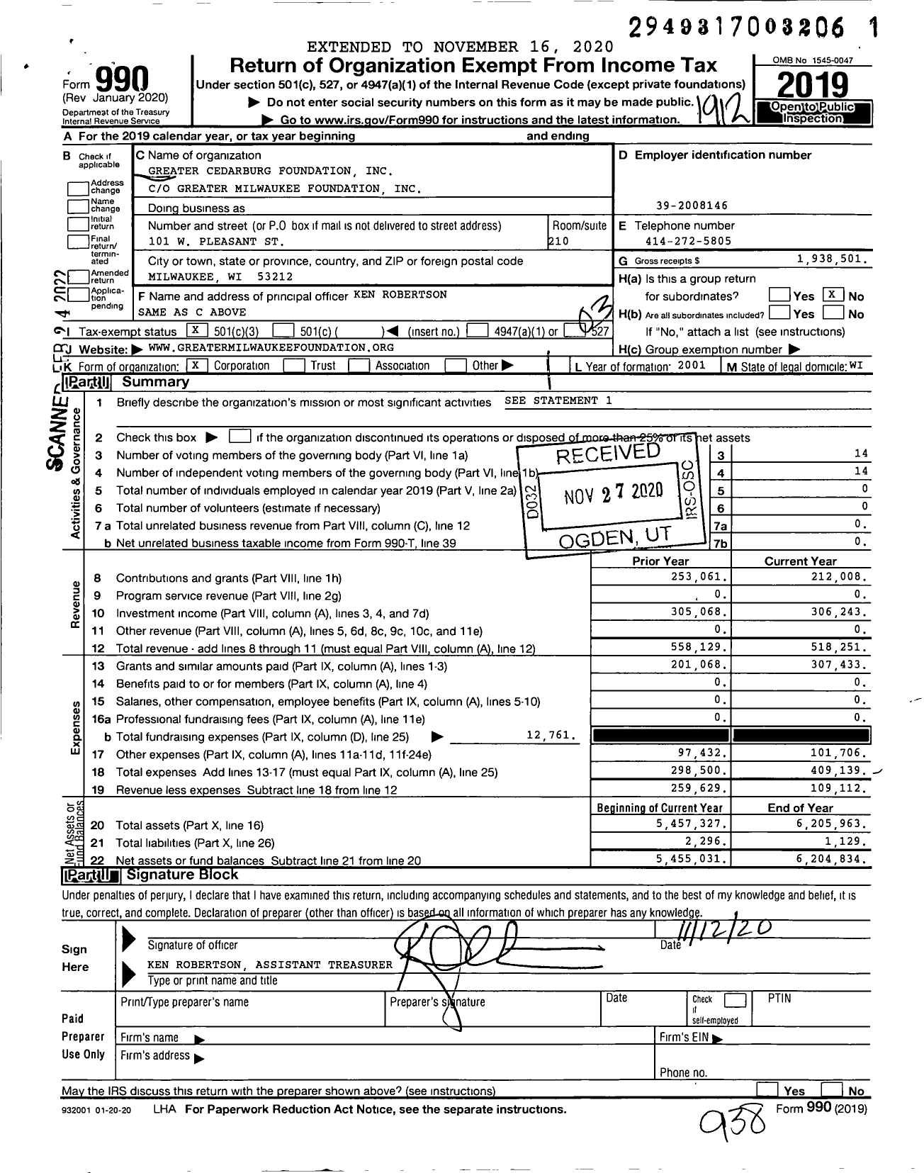 Image of first page of 2019 Form 990 for Greater Cedarburg Foundation