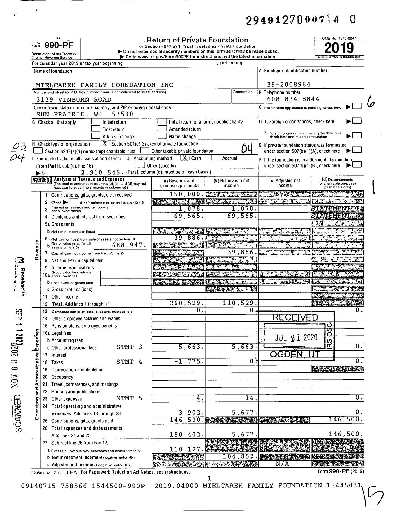 Image of first page of 2019 Form 990PF for Mielcarek Family Foundation