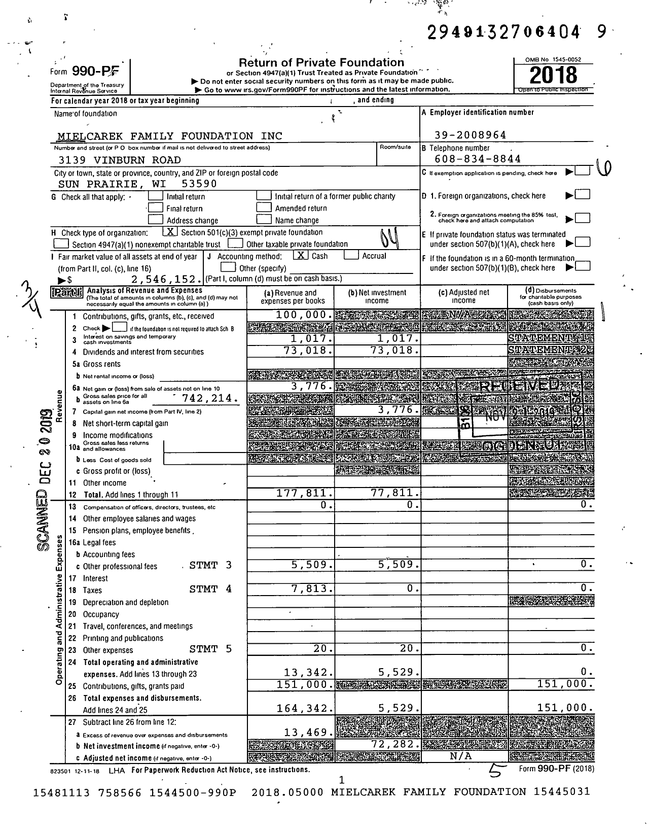 Image of first page of 2018 Form 990PF for Mielcarek Family Foundation