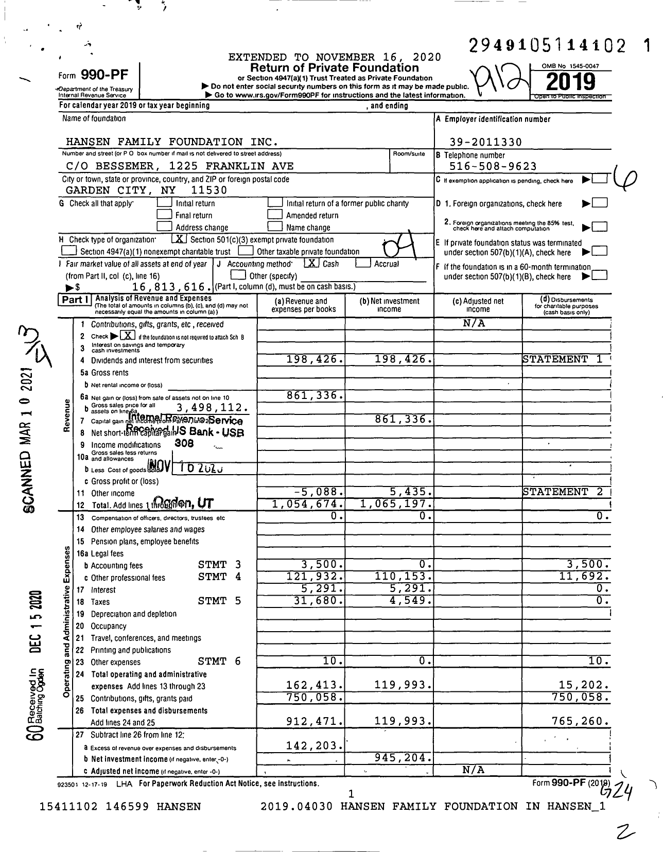 Image of first page of 2019 Form 990PF for Hansen Family Foundation