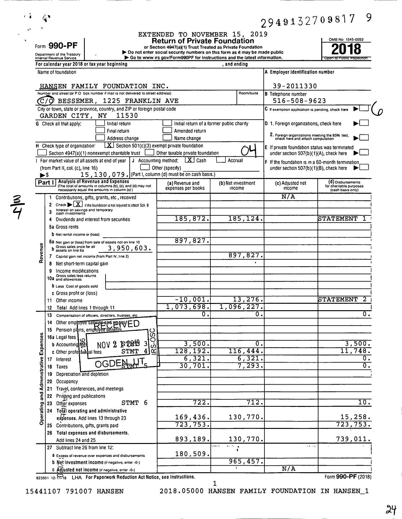 Image of first page of 2018 Form 990PF for Hansen Family Foundation