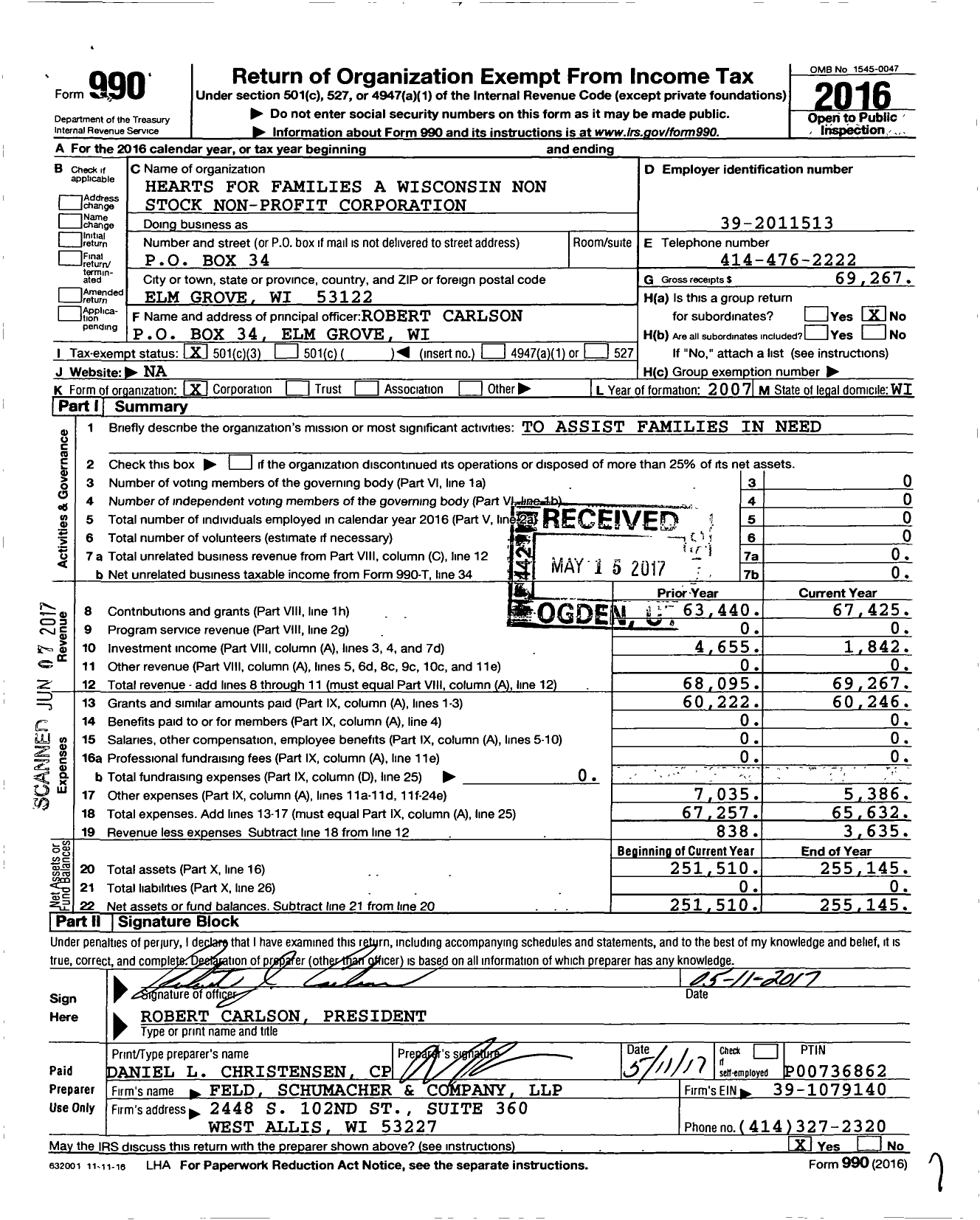Image of first page of 2016 Form 990 for Hearts for Families A Wisconsin Non Stock Non-Profit Corporation