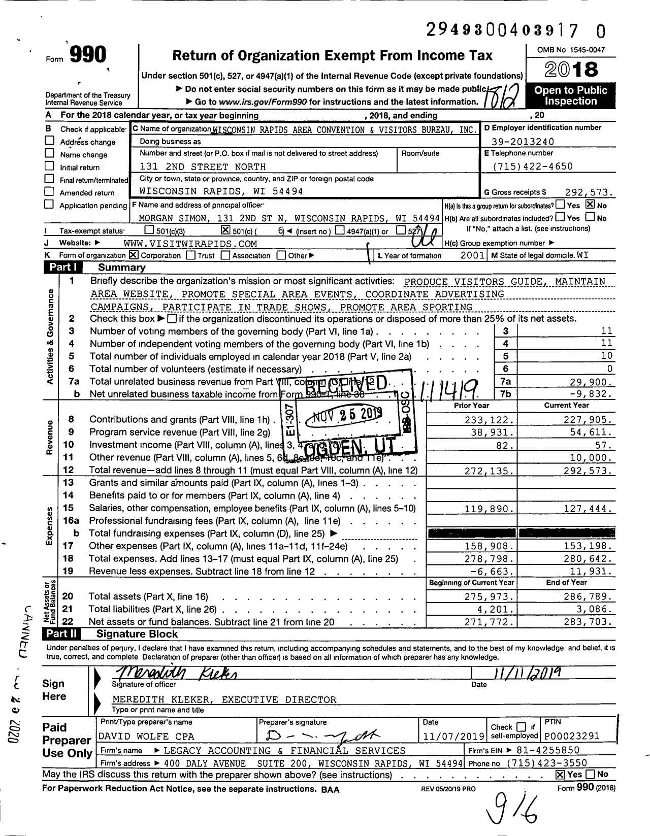 Image of first page of 2018 Form 990O for Wisconsin Rapids Area Convention