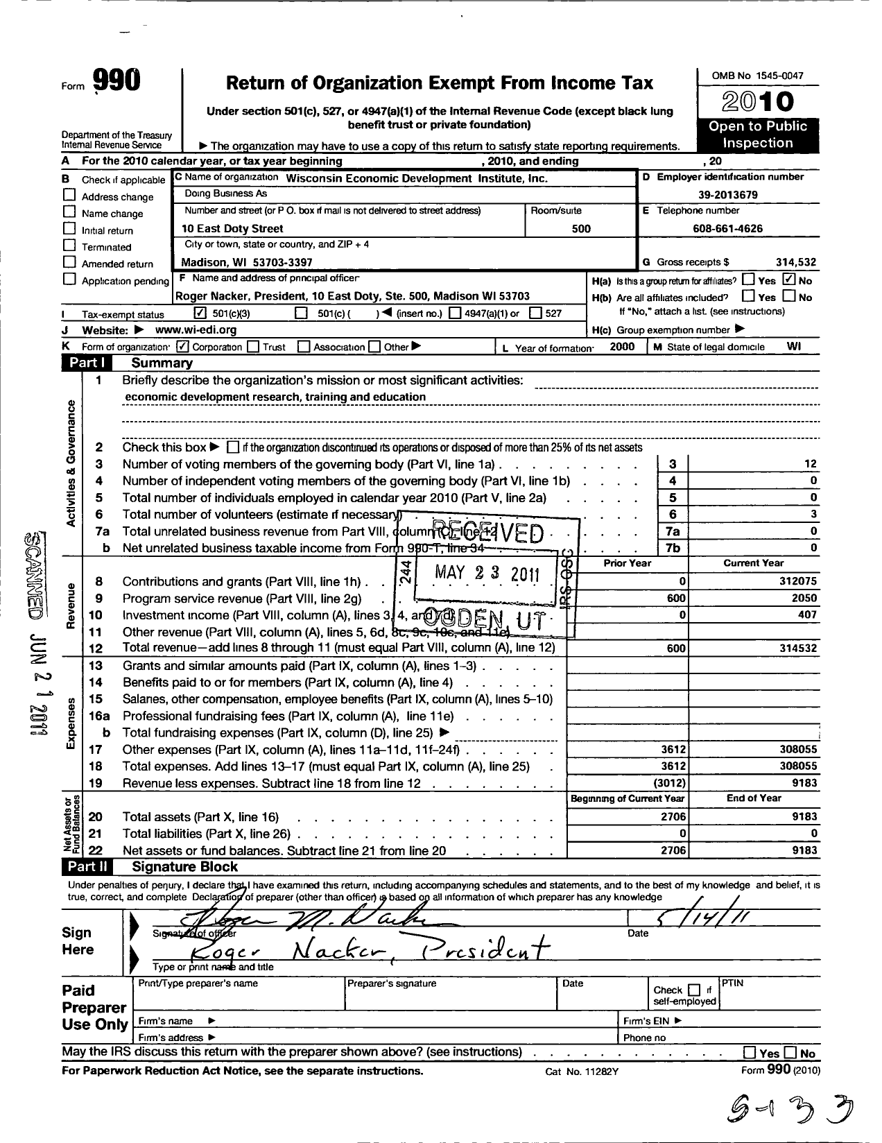 Image of first page of 2010 Form 990 for Wisconsin Economic Development Institute