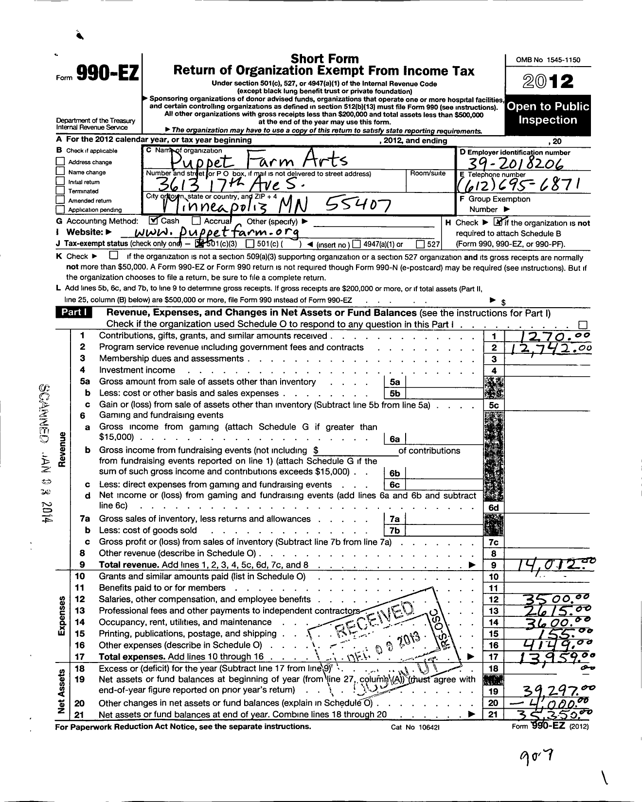 Image of first page of 2012 Form 990EZ for Puppet Farm Arts