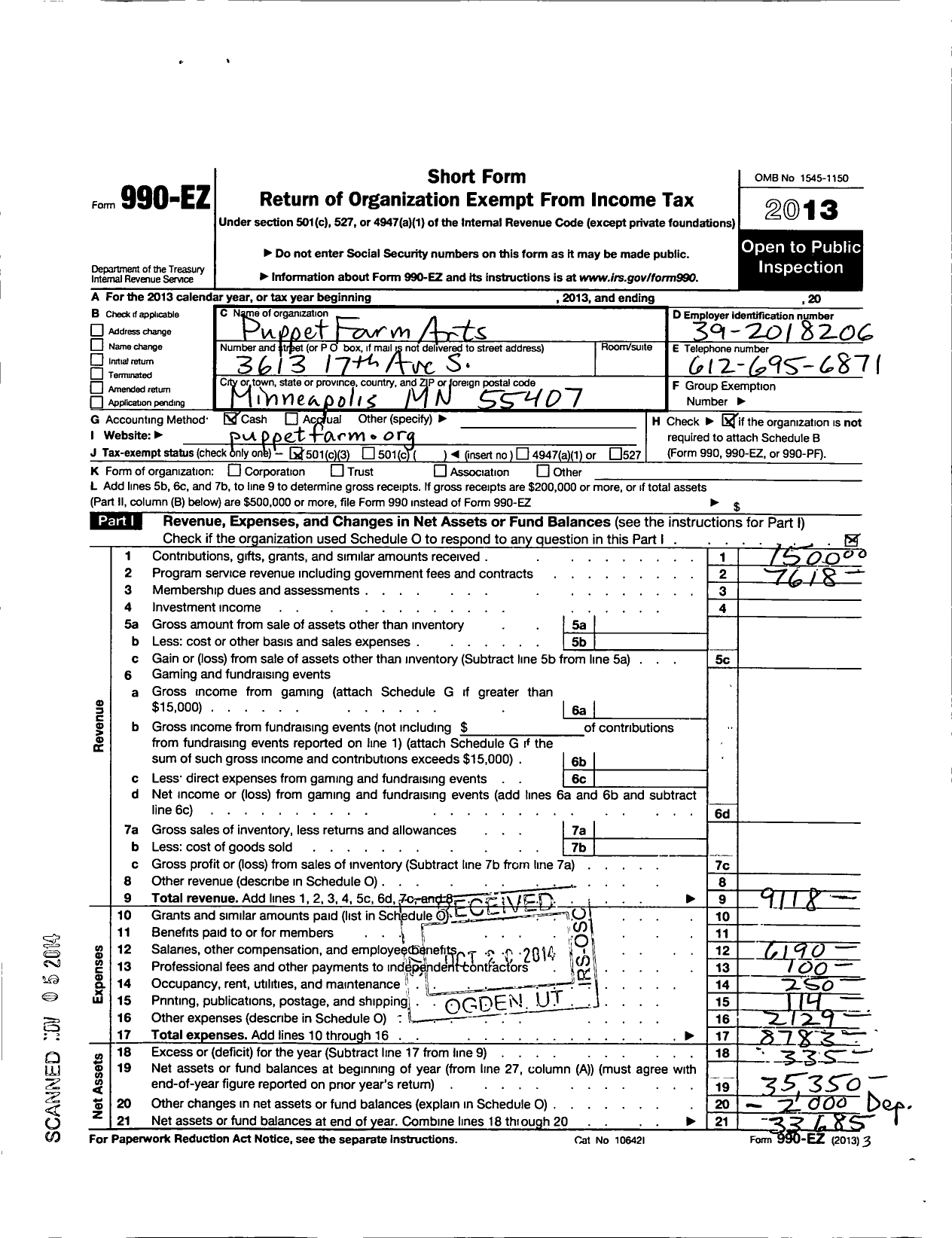 Image of first page of 2013 Form 990EZ for Puppet Farm Arts